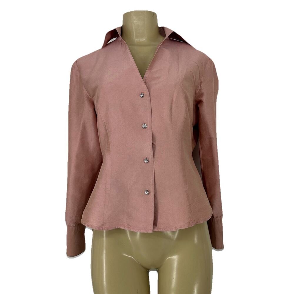 TRACY M. Large Women Vintage Button Up Minimalist 100% Silk Shirt Pink 3-19